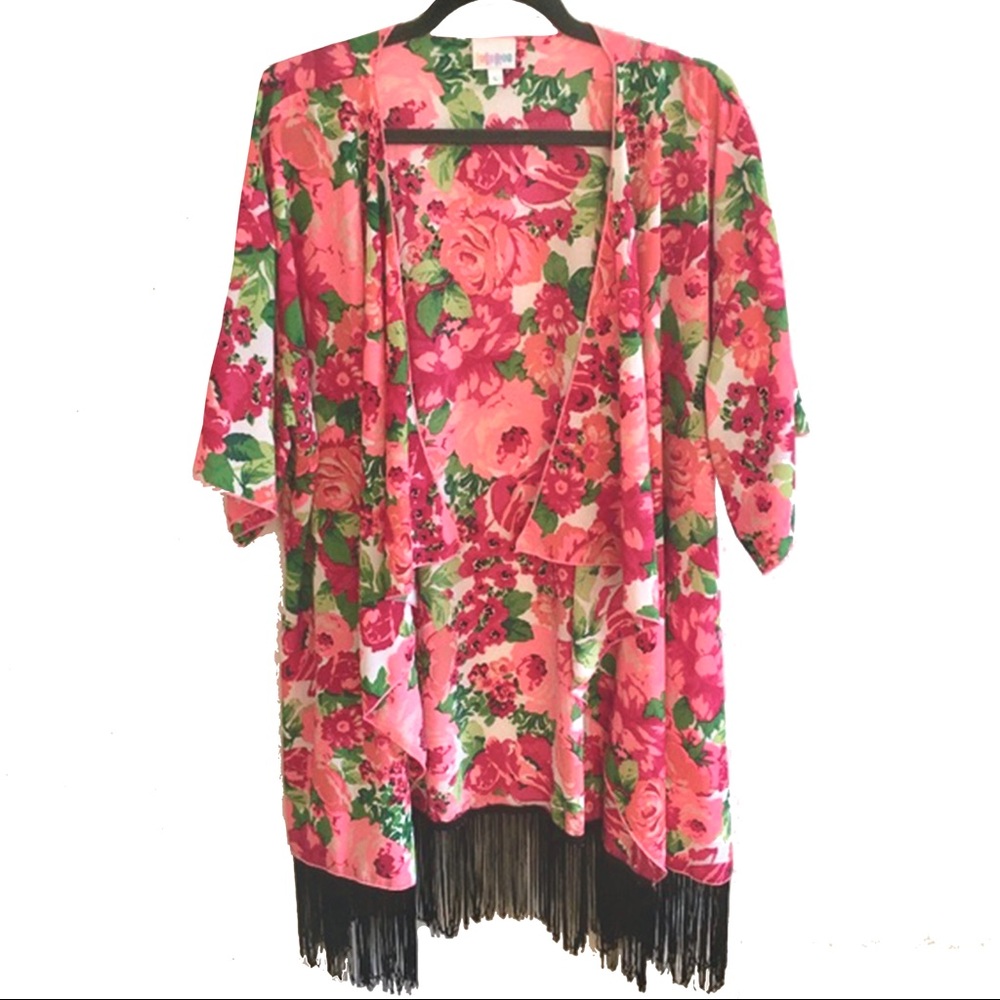 LuLaRoe Pink Fringe Floral Kimono